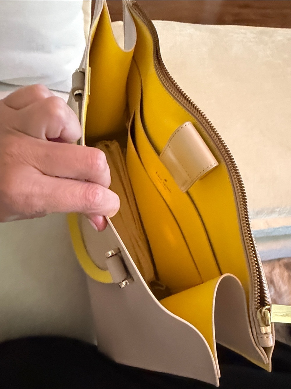 kate spade taupe tote with yellow handles - Picture 4 of 5